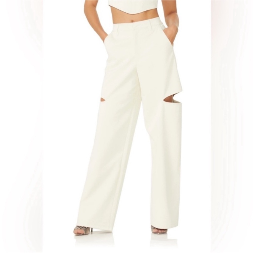 AFRM Kimmie Wide Leg Trousers Pants Cut Out Matte White Croc Embossed Vegan